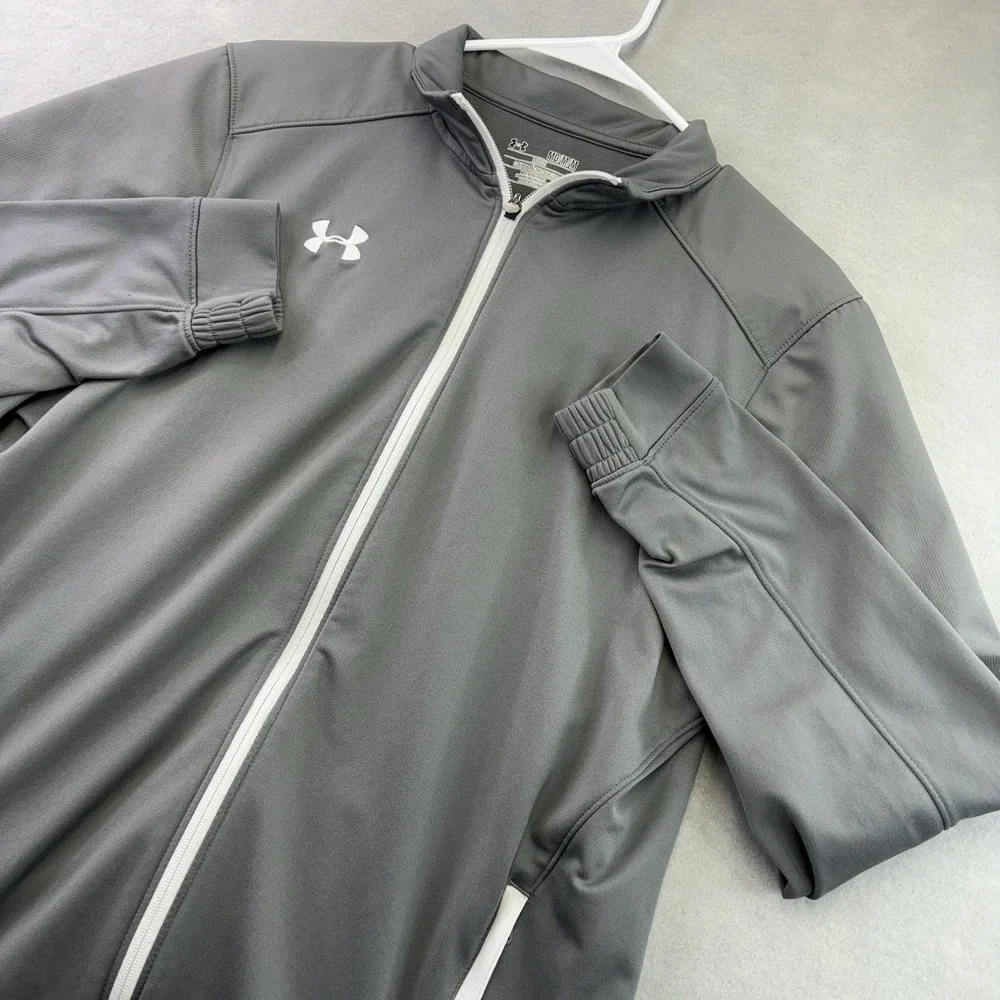 UNDER ARMOUR Gray Warm Up Jacket Medium Mens M Zip Up White Stripe
